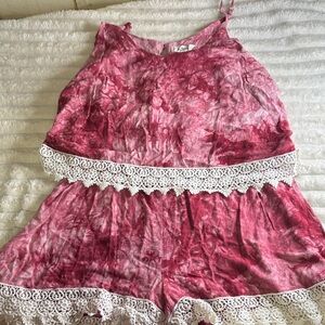 Pink Tie-Dye Lace Trim Jumpsuit